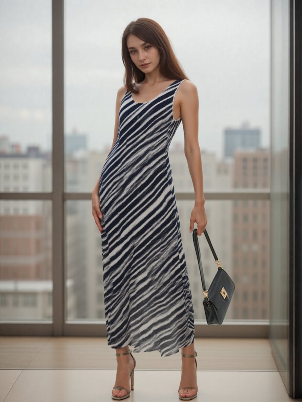 Tommy Bahama Sleeveless Navy and White Striped Maxi Dress